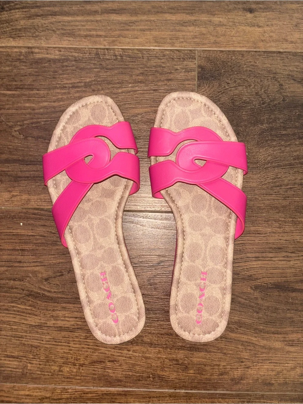 Coach Hot Pink Leather Slide Sandals with Signature Canvas Footbed